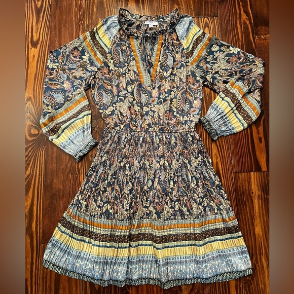 CURRENT AIR Floral Paisley Print Pleated Skirt Smocked Dress Tie at Neckline - Picture 5 of 11